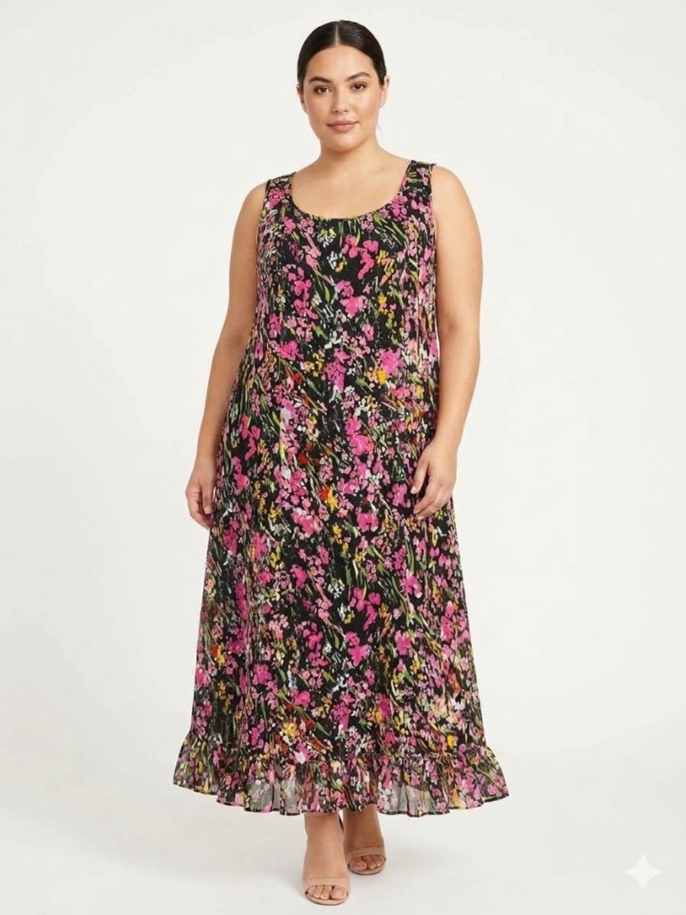 Studio1 Black Pink Floral Sleeveless Ruffle Hem Shift Midi Dress 14W cottagecore